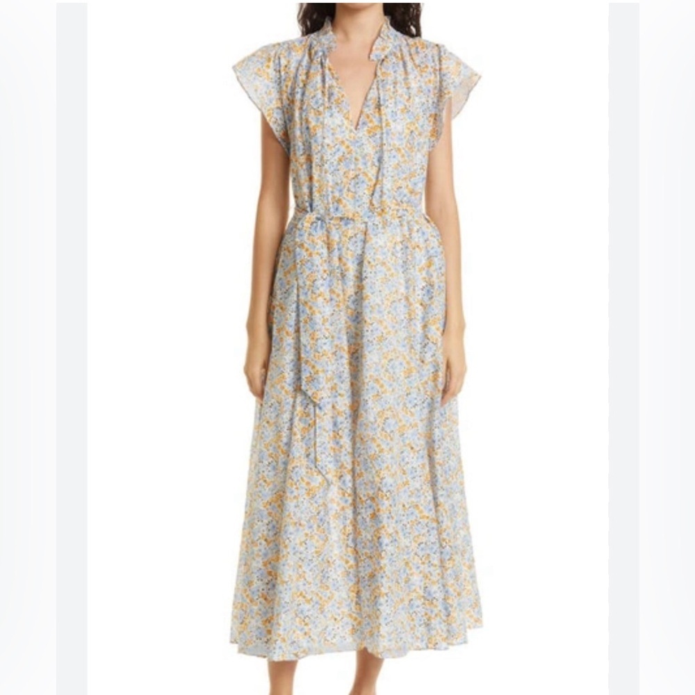 Samsoe reformation Floral Blue and Yellow organic cotton belted maxi Dress Med